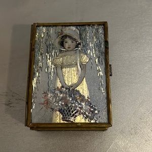 Vintage little girl glass mirror jewelry treasure trinket box